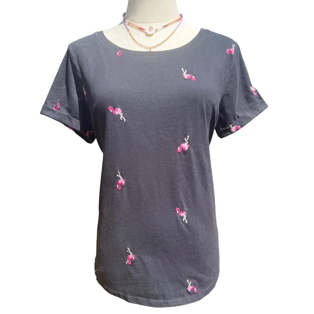 Vintage America Womens Black Flamingo Embroidered Short Sleeve T-Shirt Size‎ M